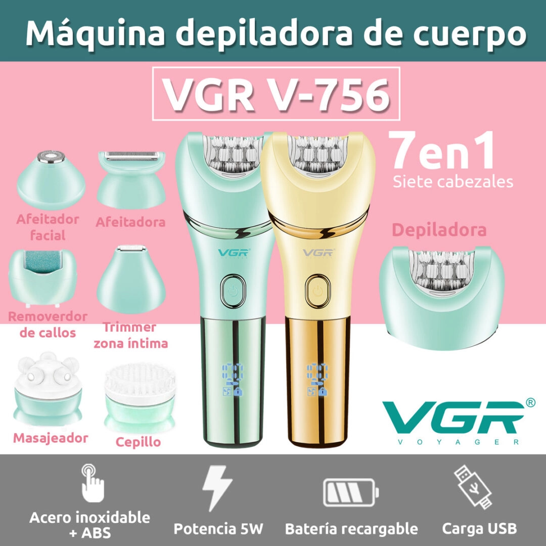 دستگاه چندکاره زیبای VGR V756با ۷ سری (اپیلاتور، خط‌زن، سنگ‌پا، شیو، فیس‌براش، ماساژور، موزن)