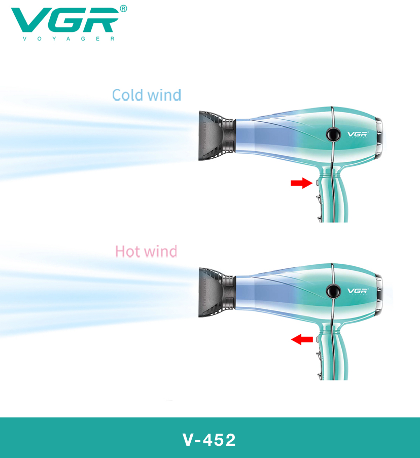 سشوار فیروزه ای وی جی ار مدل v452قابلیت ۲۴۰۰۰w