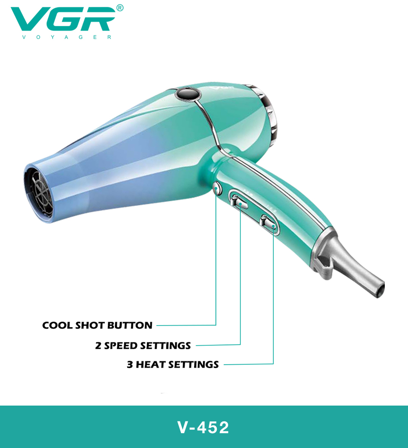 سشوار فیروزه ای وی جی ار مدل v452قابلیت ۲۴۰۰۰w