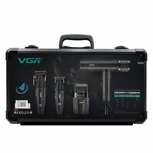 ست کامل حرفهای VGR-V640 S4 4in1 شامل سشوار، ماشین اصلاح حجمزن، خطزن و شیور در جعبه بندکدار مشکی – همراه با پیشبند مشتری با گارانتی معتبر وی جی ار