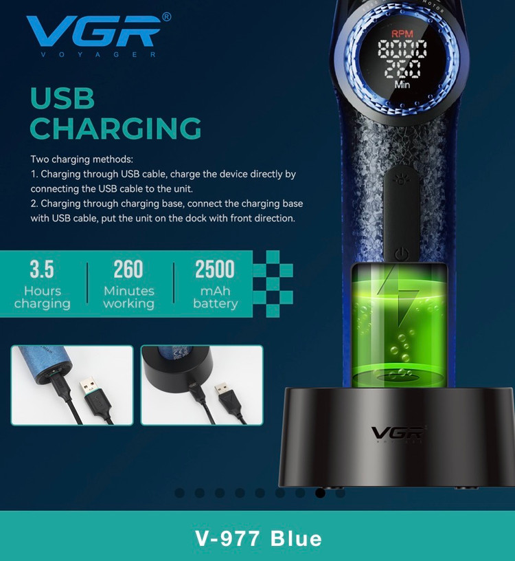خطزن VGR V-977 BLUE با ۴ شانه و استند نگهدارنده