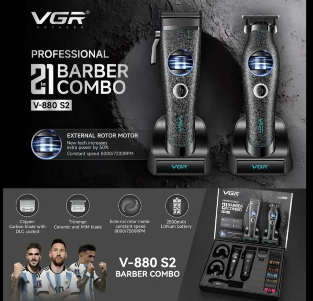 ست ماشین اصلاح حرفه‌ای VGR V-880S2 شامل حجم‌زن V-880C و خط‌زن V-880T با قیمت ۱۶ میلیون تومان و گارانتی ۱۸ ماهه وی‌جی‌آر مال